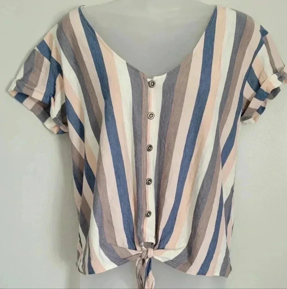 American Eagle Women's Stripped Shirt Sz M Roll Sleeve Tie Front - Picture 2 of 10